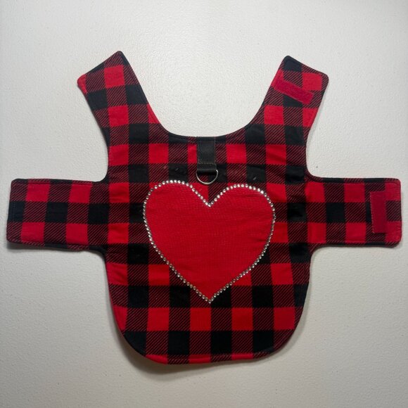 Buffalo Plaid Dog Harness Vest with Red Rhinestone Heart Winter Pet Outfit S - Picture 4 of 7